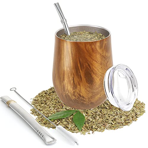 Yerba Mate Gourd Set mit zwei Bombillas 8oz Teetasse aus 18/8 Edelstahl doppelwandig hitzebeständig Mate Teetasse mit BPA-freiem Deckel, zwei Strohhalmen und einer Reinigungsbürste ( Holzfarbe) von ROCKY&CHAO