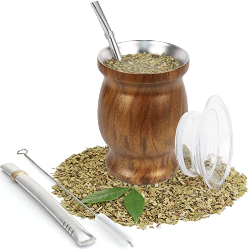 Yerba Mate Gourd Set mit zwei Bombillas 8oz Teetasse aus 18/8 Edelstahl doppelwandig hitzebeständig Mate Teetasse mit BPA-freiem Deckel, zwei Strohhalmen und einer Reinigungsbürste (Holzfarbe) von ROCKY&CHAO
