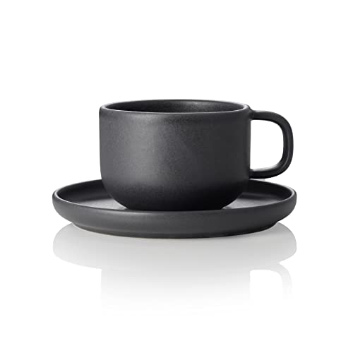 ROCKZZERO 6 Kaffeetassen und Untertassen im Set - Steingut, spülmaschinenfest - Steingut Tassen aus umweltfreundlichen Rohstoffen - Schwarz - 275 ml - Unterteller 14,5 cm Durchmesser von ROCKZZERO