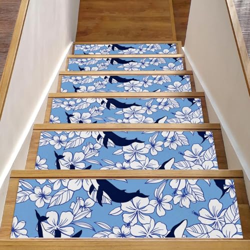 RODAILYCAY 15 Stück Stufenmatten Teppich rutschfest 76 x 20 cm Treppenstufen für Holzstufen Innenbereich, Hibiskus Wal Blau Einfassung Staicase Läufer Teppich Matte für Kinder Ältere und Hunde von RODAILYCAY