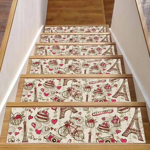 RODAILYCAY 15 Stück Stufenmatten Teppich rutschfest 76 x 20 cm Treppenstufen für Holzstufen Innenbereich, Retro Paris Eiffelturm Einfassung Staicase Läufer Teppich Matte für Kinder Ältere und Hunde von RODAILYCAY