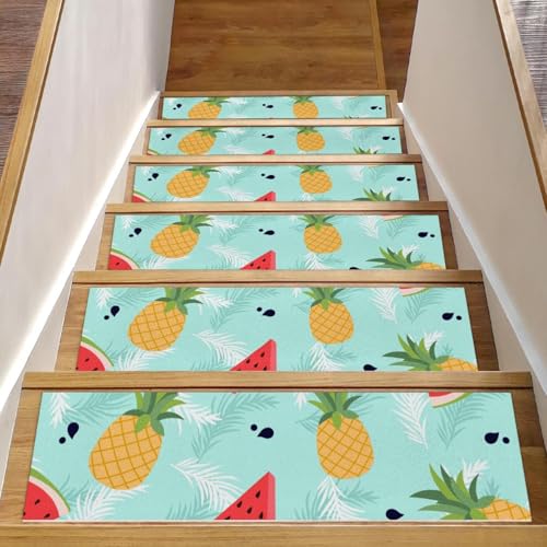 RODAILYCAY 15 Stück Stufenmatten Teppich rutschfest 76 x 20 cm Treppenstufen für Holzstufen Innenbereich, Wassermelone Ananas Einfassung Staicase Läufer Teppich Matte für Kinder Ältere und Hunde von RODAILYCAY