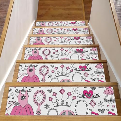 RODAILYCAY 15 Stück Stufenmatten Teppich rutschfest Prinzessin 76 x 20 cm Treppenstufen für Holzstufen Innenbereich, Einfassung Staicase Läufer Teppich Matte für Kinder Ältere und Hunde von RODAILYCAY