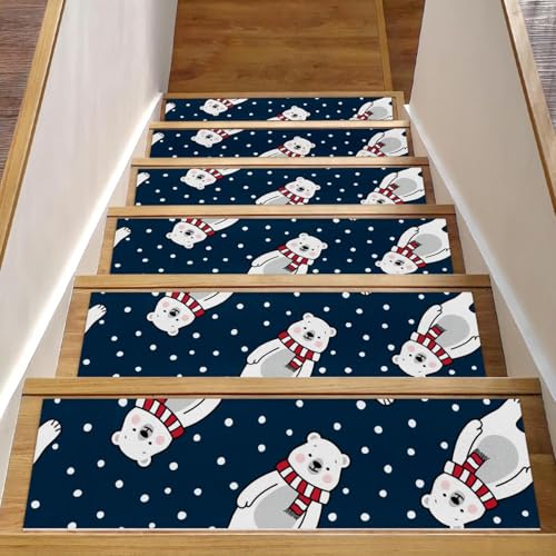RODAILYCAY Bear Snow Is Cute Treppenstufen für Holzstufen, rutschfest, 20,3 x 76,2 cm, Teppich-Treppenläufer für den Innenbereich, Sicherheits-Treppenmatten für Kinder, ältere Menschen und Haustiere von RODAILYCAY