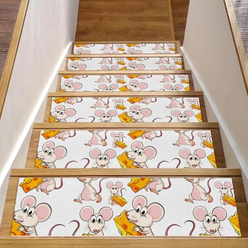 RODAILYCAY Cue Little Mouse Eating Cheese 15 Stück Stufenmatten Teppich rutschfest 76 x 20 cm Treppenstufen für Holzstufen Innenbereich, Einfassung, Staicase Läufer Teppich Matte für Kinder, Ältere von RODAILYCAY