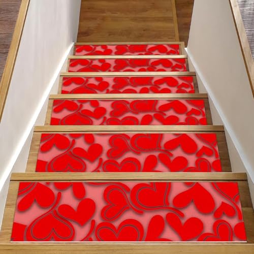 RODAILYCAY HEARTS Nahtlose Stufenmatten Teppich Anti-Rutsch 15 Stück Stufenmatten Treppenläufer Matte für Holzstufen Innenbereich, Treppenstufenstufen, TPE-Rückseite, Treppenläufer Teppiche von RODAILYCAY