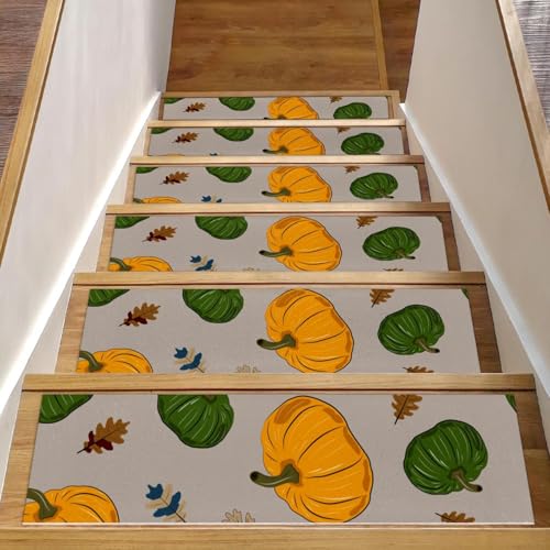 RODAILYCAY Herbst-Kürbis-Treppenstufen-Teppich, 15 Stück, 20,3 x 76,2 cm, Treppenläufer für Holzstufen im Innenbereich, rutschfeste Stufenmatte, wiederverwendbare Stufenmatte für Kinder, ältere von RODAILYCAY