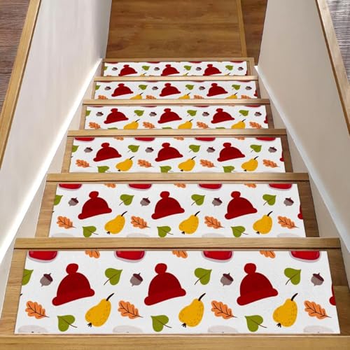 RODAILYCAY Herbst-Strickmütze und Marmeladen-Treppenstufen, Teppich, rutschfest, 15 Stück, Treppenläufermatte für Holzstufen im Innenbereich, Treppenstufen, TPE-Rückseite, Treppenläufer von RODAILYCAY