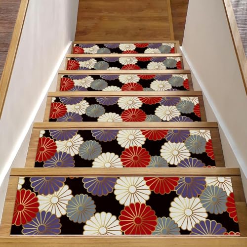 RODAILYCAY Japanischer Chrysanthemen-Treppenstufen-Teppich, 15 Stück, 20,3 x 76,2 cm, Treppenläufer für Holzstufen im Innenbereich, rutschfeste Stufenmatte, wiederverwendbare Stufenmatte für Kinder von RODAILYCAY