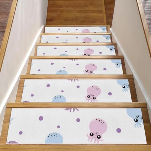RODAILYCAY Octopus schöner niedlicher Teppich-Stufenmatte, 15 Stück, 20,3 x 76,2 cm, rutschfest, Sicherheitstreppenläufer, Teppich, selbstklebend, für Kinder, ältere Menschen und Haustiere von RODAILYCAY
