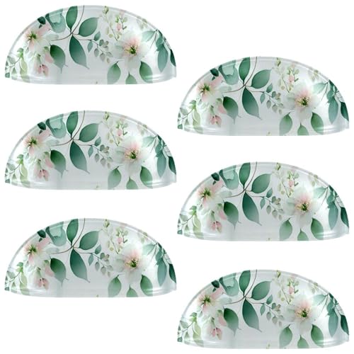RODAILYCAY Schubladengriffe für Küchenschubladen, grüne Blätter, rosa Blumen, halbrund, Schubladengriffe und Knäufe, Doppellochgriff für Schublade, Schrank, Kleiderschrank, 6 Stück von RODAILYCAY