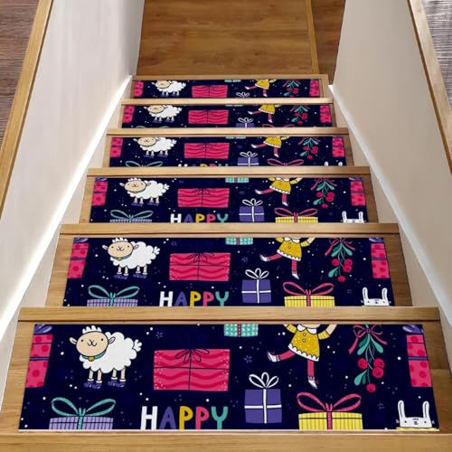 RODAILYCAY Stufenmatten für Holzstufen, Happy Holiday Elements, Geschenkbox, 15 Stück, rutschfester Teppich-Treppenläufer, Innenstufen, waschbar, Treppenläufer, Teppiche für Kinder, ältere Menschen von RODAILYCAY