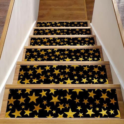 RODAILYCAY Stufenmatten für Holzstufen, rutschfest, 20,3 x 76,2 cm, Teppich-Treppenläufer für den Innenbereich, schwarzer Hintergrund mit goldenen Sternen, Sicherheitstreppenmatten für Kinder, ältere von RODAILYCAY
