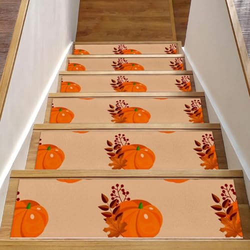 RODAILYCAY Stufenmatten für Holzstufen, rutschfest, Kürbis-Herbst-Treppenteppiche, Läufer, Treppenläufer, Sicherheitstreppenmatten für ältere Menschen, Kinder und Hunde, 15 Stück von RODAILYCAY