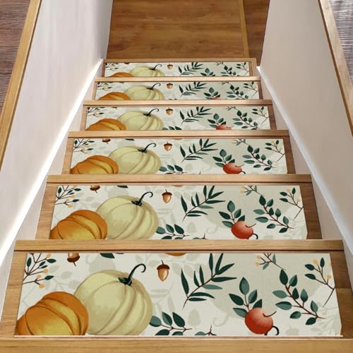 RODAILYCAY Stufenmatten für Holzstufen für den Innenbereich, 15 Packungen, 20,3 x 76,2 cm, Teppich-Stufenmatten für Thanksgiving, Herbst, Kürbis, rutschfeste Treppenläufer, Oberfläche, Polyester von RODAILYCAY