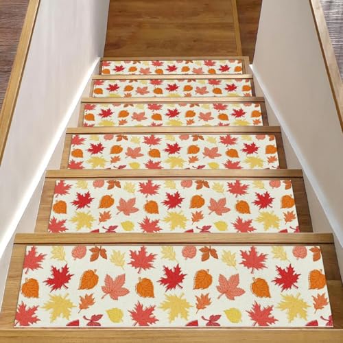 RODAILYCAY Stufenmatten für Treppenstufen, Herbst-Ahornblätter, 15 Stück, rutschfest, 20,3 x 76,2 cm, Treppenläufer für Holzstufen im Innenbereich, wiederverwendbare Stufenmatte für Kinder, ältere von RODAILYCAY