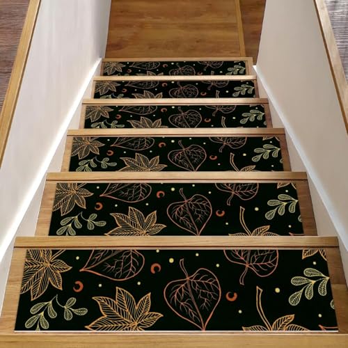 RODAILYCAY Stufenmatten mit Herbst-Ahornblätter-Muster, dunkelgrün, 20,3 x 76,2 cm, rutschfest, Sicherheitsteppich, selbstklebend, für den Innenbereich, Treppenmatten für Kinder, ältere Menschen und von RODAILYCAY