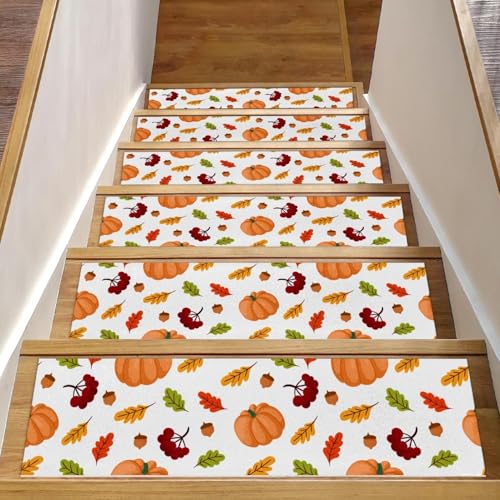 RODAILYCAY Stufenmatten mit Herbst-Kürbisblättern, , 15 Stück, rutschfeste Stufenmatten 20,3 x 76,2 cm, Treppenläufer für Holzstufen, Innenbereich, wiederverwendbare Stufenmatte für Kinder von RODAILYCAY