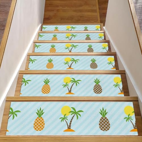 RODAILYCAY Teppich-Stufenmatten Insel, Ananas, Kokosnussbaum, Sonne, 15 Packungen, 20,3 x 76,2 cm, rutschfester Sicherheits-Treppenläufer, selbstklebend, für Kinder, ältere Menschen und Haustiere von RODAILYCAY