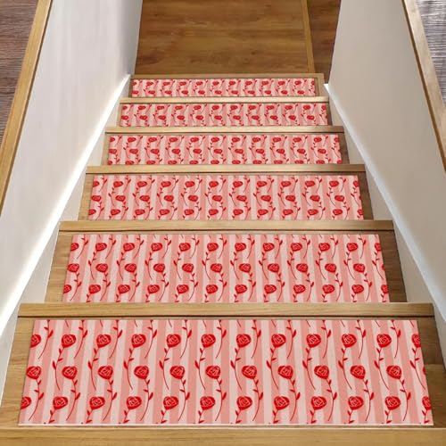 RODAILYCAY Treppenstufen-Teppich, 15 Stück, 20,3 x 76,2 cm, Treppenläufer für Holzstufen im Innenbereich, Rosen auf Streifen, rutschfeste Stufenmatte, wiederverwendbare Stufenmatte für Kinder, ältere von RODAILYCAY