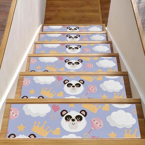 RODAILYCAY Treppenstufen-Teppich, 15 Stück, 20,3 x 76,2 cm, Treppenläufer für Holzstufen im Innenbereich, niedlicher Pandakopf mit Rasselkrone, rutschfeste Stufenmatte, Stufenmatte für Kinder, ältere von RODAILYCAY