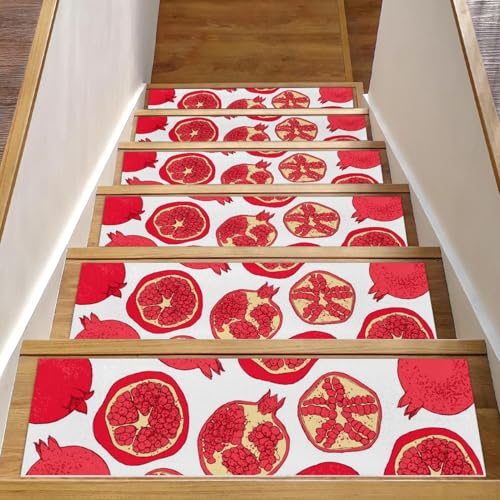 RODAILYCAY Treppenstufen-Teppich, 15 Stück, rutschfeste Treppenstufen-Pads, Granatapfel-rote Früchte, 20,3 x 76,2 cm, Treppenläufer für Holzstufen im Innenbereich, wiederverwendbare Stufenabdeckung von RODAILYCAY