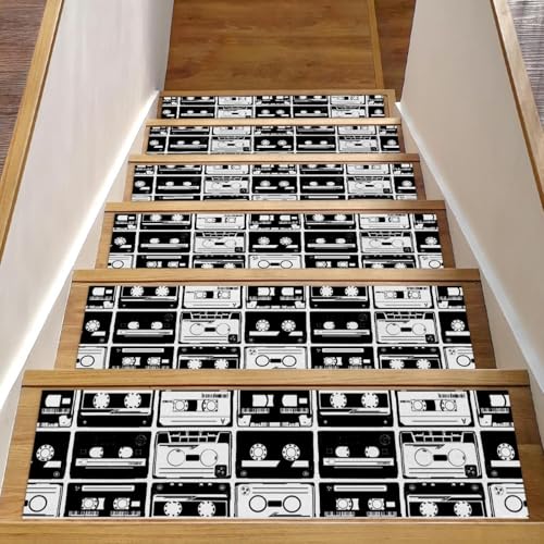 RODAILYCAY Treppenstufen für Holzstufen, rutschfest, 20,3 x 76,2 cm, Teppich-Treppenläufer für den Innenbereich, Klebeband, schwarz-weißes Muster, Sicherheitstreppenmatten für Kinder, ältere Menschen von RODAILYCAY