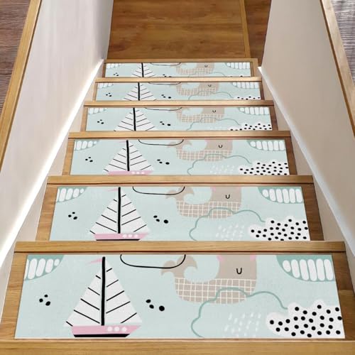 RODAILYCAY Treppenteppiche, Wal, Boot, Wolken, Wellen, Treppenstufen, rutschfest, für Holzstufen, Indoor-Treppenläufer, Sicherheits-Treppenmatten für ältere Menschen, Kinder und Hunde, 15 Stück RODAILYCAY Treppenteppiche, Wal, Boot, Wolken, Wellen, Treppenstufen, rutschfest, für Holzstufen, Indoor-Treppenläufer, Sicherheits-Treppenmatten für ältere Menschen, Kinder und Hunde, 15 Stück von RODAILYCAY