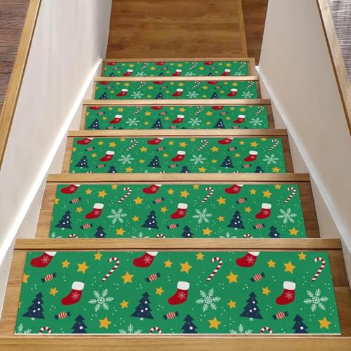 RODAILYCAY Weihnachtsbaum Candy Sock Grün 15 Stück Stufenmatten Teppich rutschfest 76 x 20 cm Treppenstufen für Holzstufen Innenbereich, Einfassung, Staicase Läufer Teppich Matte für Kinder Ältere von RODAILYCAY