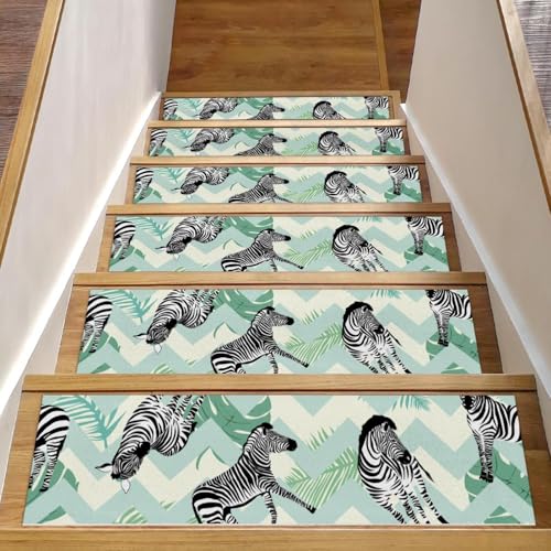 RODAILYCAY Zebra-Tiermuster Grün 15 Stück Stufenmatten Teppich 76 x 20 cm Treppenstufen für Holzstufen Indoor rutschfeste Einfassung Staicase Läufer Teppich Matte für Kinder Ältere und Hunde von RODAILYCAY