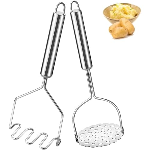 RODISHOMM 2 Stück Kartoffelstampfer Edelstahl，Robuster & Langlebiger Handstampfer mit Ergonomischem Griff für Kartoffelbrei, Avocado, Bohnen von RODISHOMM