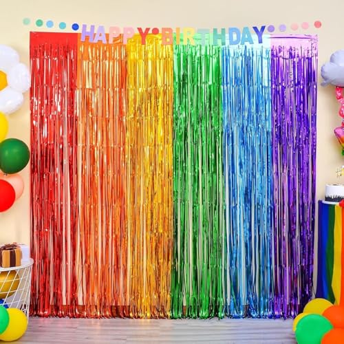 RODISHOMM 2er-Set Regenbogen Deko Fransenvorhänge, Regenbogen Fasching Party Dekorationen– Bunte Lametta Vorhänge aus Folie für Karneval, Fasching, Party & Fotobox Hintergrund von RODISHOMM