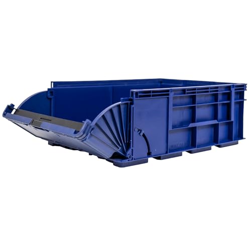 RODOPI 1x Lagerbox KLT Nachtblau Größe 4 – Stapelbox Kunststoff 396x300x147 mm, freier Zugriff ohne Quersteg, 2-stufiger Klappmechanismus, Öffnen per Knopfdruck, VDA-Faltetikett Stechfeld von RODOPI