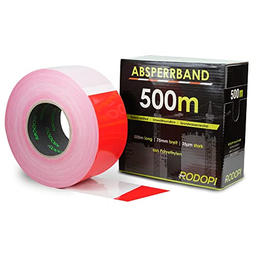 RODOPI Absperrband AreaGuard 500m x 75mm Flatterband rot weiß 50µm Warnband Reißfest Trassierband zum absperren von Baustellen Sperrband gestreift (12 Rollen (6000m)) von RODOPI