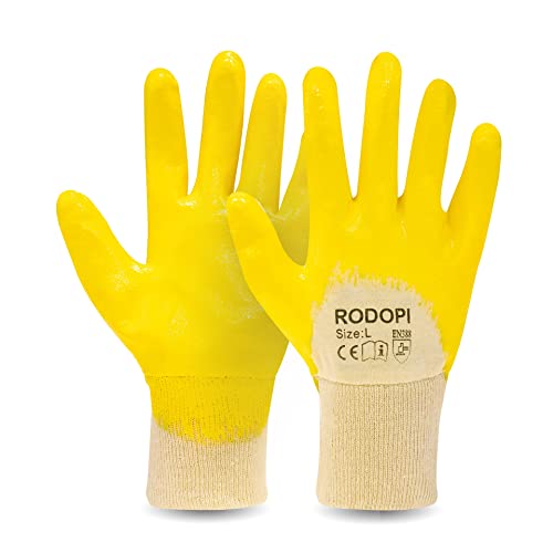 RODOPI LUBRIX Arbeitshandschuhe für Herren und Damen Nitril beschichtet Gummihandschuhe gelb Nitrilhandschuhe Ölresistent Handschuhe Gartenhandschuhe (1 Paar, 9) von RODOPI