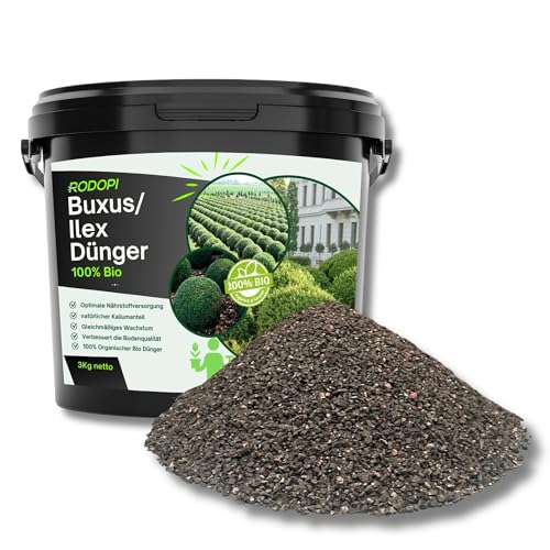 Rodopi Bio-Buxusdünger & Ilexdünger Granulat – 3 Monate Langzeitwirkung – 100% pflanzlich & vegan – Organischer NPK-Dünger 7-3-8 mit Magnesium 3kg von RODOPI
