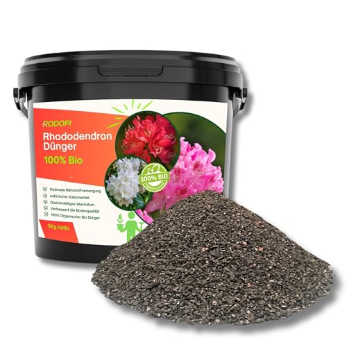 Rodopi Bio-Rhododendrondünger Granulat 7-3-8 – 3 Monate Langzeitwirkung – 100% pflanzlich & pH-senkend – Organischer NPK-Dünger mit Eisen, Magnesium & Mykorrhiza 3kg von RODOPI