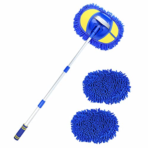 ROEOLNIL 116,8 cm Mikrofaser-Autowaschbürste mit langem Griff, Auto-Waschmopp-Set, Handschuh, Schwamm, Auto-Reinigungszubehör, Staubwedel, RV-Waschbürste, 1 kratzfreier Chenille-Ersatzkopf von ROEOLNIL