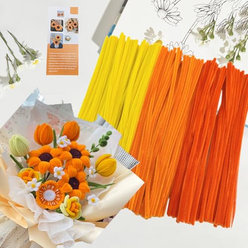 ROEOWENE 300pcs Pfeifenputzer zum Basteln Blumen Gelb Bunt Pfeifenreiniger Blumen Set Bastelzubehör Chenilledraht 30CM Pipe Cleaners Craft Pfeifenputzerdraht Biegeplüsch Basteldraht für DIY Bastelset von ROEOWENE
