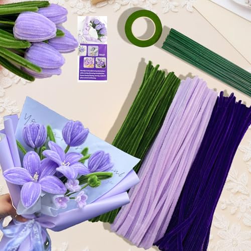 ROEOWENE 300pcs Pfeifenputzer zum Basteln Blumen Lila Bunt Pfeifenreiniger Blumen Set Bastelzubehör Chenilledraht 30CM Pipe Cleaners Craft Pfeifenputzerdraht Biegeplüsch Basteldraht für DIY Bastelset von ROEOWENE