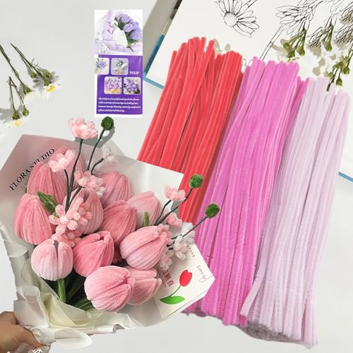ROEOWENE 300pcs Pfeifenputzer zum Basteln Blumen Rosa Bunt Pfeifenreiniger Blumen Set Bastelzubehör Chenilledraht 30CM Pipe Cleaners Craft Pfeifenputzerdraht Biegeplüsch Basteldraht für DIY Bastelset von ROEOWENE