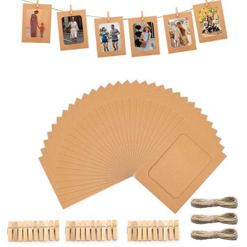 ROEOWENE 30pcs Fotorahmen Papier Bilderrahmen Pappe zum Aufhängen DIY Kreative Kraftpapier Bilderrahmen Hängende Wanddekoration Karton Bilderrahmen mit 30 Klammern 3 Schnur für 15x10cm Foto-Khaki von ROEOWENE