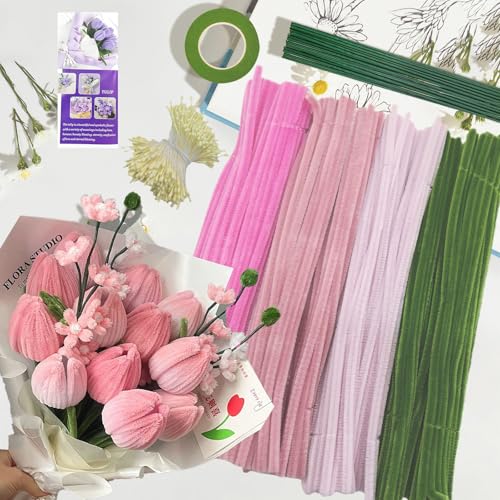 ROEOWENE 400pcs Pfeifenputzer zum Basteln Blumen Rosa Bunt Pfeifenreiniger Blumen Set Bastelzubehör Chenilledraht 30CM Pipe Cleaners Craft Pfeifenputzerdraht Biegeplüsch Basteldraht für DIY Bastelset von ROEOWENE