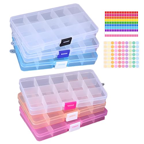 ROEOWENE 6pcs Sortierboxen für Kleinteile Organizer Perlenbox Sortierbox Schrauben Plastik Perlen Aufbewahrungsbox mit Fächern Klar Sortimentskasten Kleinteilebox für Schmuck mit 2 Etikettenaufkleber von ROEOWENE