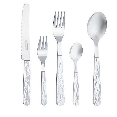 RÖR Besteck Set 5-teilig Perlmutt-Imitation - je 1 Messer, Gabel, Löffel, Kuchengabel, Kaffeelöffel - rostfrei - Made in Germany/Solingen von RÖR