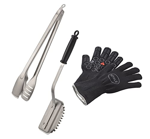 RÖSLE Barbecue Premium-Set 3-tlg., Hochwertiges Grillset mit Premium Grillhandschuhen, BBQ-Grillzange und Reinigungsbürste SlideX, Edelstahl, Silberfarben /Schwarz von RÖSLE