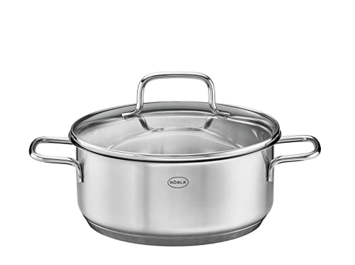 RÖSLE Basic Line Bratentopf Ø 20 cm, Universaltopf aus Edelstahl 18/10, mit Glasdeckel und Schüttrand, induktionsgeeignet, spülmaschinengeeignet, Silberfarben von RÖSLE