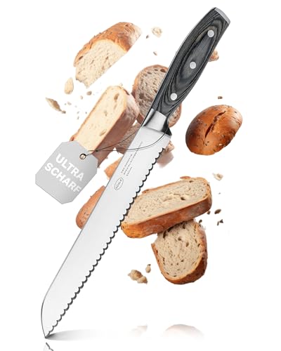 RÖSLE Brotmesser WOLFGREY 22 cm – Brotschneidemesser & Brotmesser Wellenschliff – Scharfes Sägemesser & Brotsäge Küchenmesser für Brot, Baguette & Kuchen – Pakkaholzgriff & Fingerschutz von RÖSLE