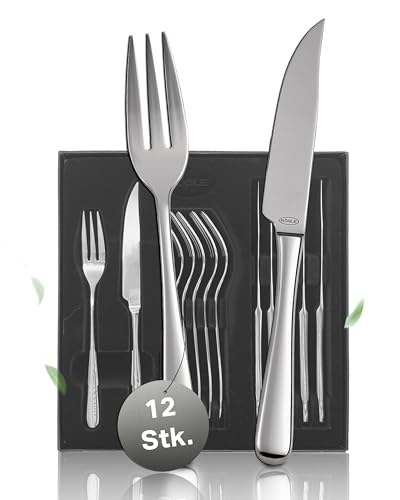 RÖSLE ELEGANCE Steakbesteck 12-teilig – Hochwertiges Steakbesteck Set für 6 Personen aus Edelstahl 18/10 und Klingenspezialstahl – Hochglanzpoliert, Spülmaschinengeeignet, in Eleganter Geschenkbox von RÖSLE
