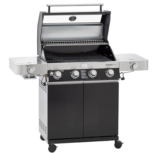 RÖSLE Gasgrill BBQ-Station VIDERO G4-S Schwarz, Grill mit 4 Edelstahlbrennern, extra Primezone und Seitenbrenner, klappbare Seitentische, VARIO+, pulverbeschichteter Stahl von RÖSLE